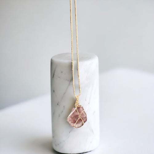 NZ-made bespoke pink amethyst crystal pendant with 18