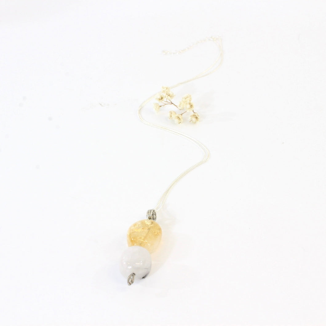 Bespoke NZ-made heat-treated citrine & tourmaline in quartz crystal pendant with 18