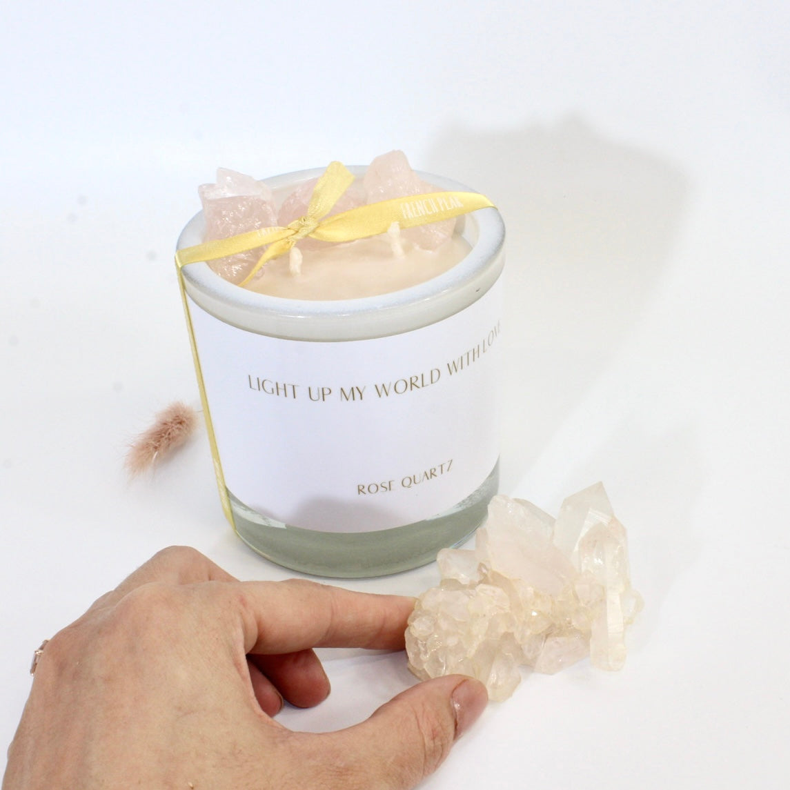 Large rose quartz crystal candle & clear quartz gift pack | ASH&STONE Crystals Shop Auckland NZ