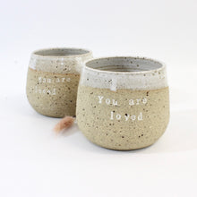 Load image into Gallery viewer, Bespoke NZ-made &#39;You are loved&#39; affirmation ceramic tumbler | white | ASH&amp;STONE Ceramics Shop Auckland NZ
