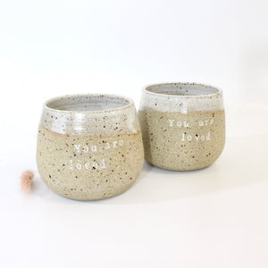 Bespoke NZ-made 'You are loved' affirmation ceramic tumbler | white | ASH&STONE Ceramics Shop Auckland NZ