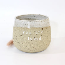 Load image into Gallery viewer, Bespoke NZ-made &#39;You are loved&#39; affirmation ceramic tumbler | white | ASH&amp;STONE Ceramics Shop Auckland NZ
