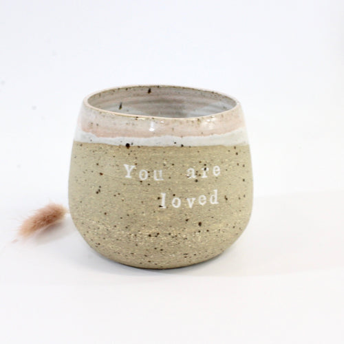 Bespoke NZ-made 'You are loved' affirmation ceramic tumbler | pink | ASH&STONE Ceramics Shop Auckland NZ