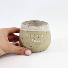 Load image into Gallery viewer, Bespoke NZ-made &#39;You are loved&#39; affirmation ceramic tumbler | pink | ASH&amp;STONE Ceramics Shop Auckland NZ
