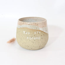 Load image into Gallery viewer, Bespoke NZ-made &#39;You are strong&#39; affirmation ceramic tumbler | pink | ASH&amp;STONE Ceramics Shop Auckland NZ
