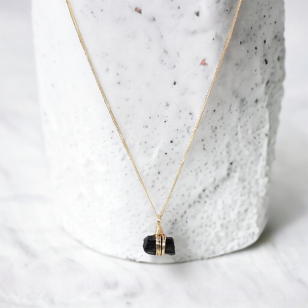 Bespoke NZ-made black tourmaline crystal pendant with 16