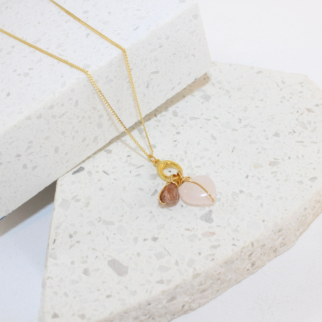 Rose quartz heart and Rutilated Quartz Necklace | ASH & STONE crystal jewellery. Free express Shipping NZ 