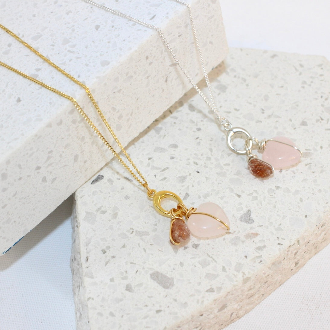 Rose quartz heart and Rutilated Quartz Necklace | ASH & STONE crystal jewellery. Free express Shipping NZ 