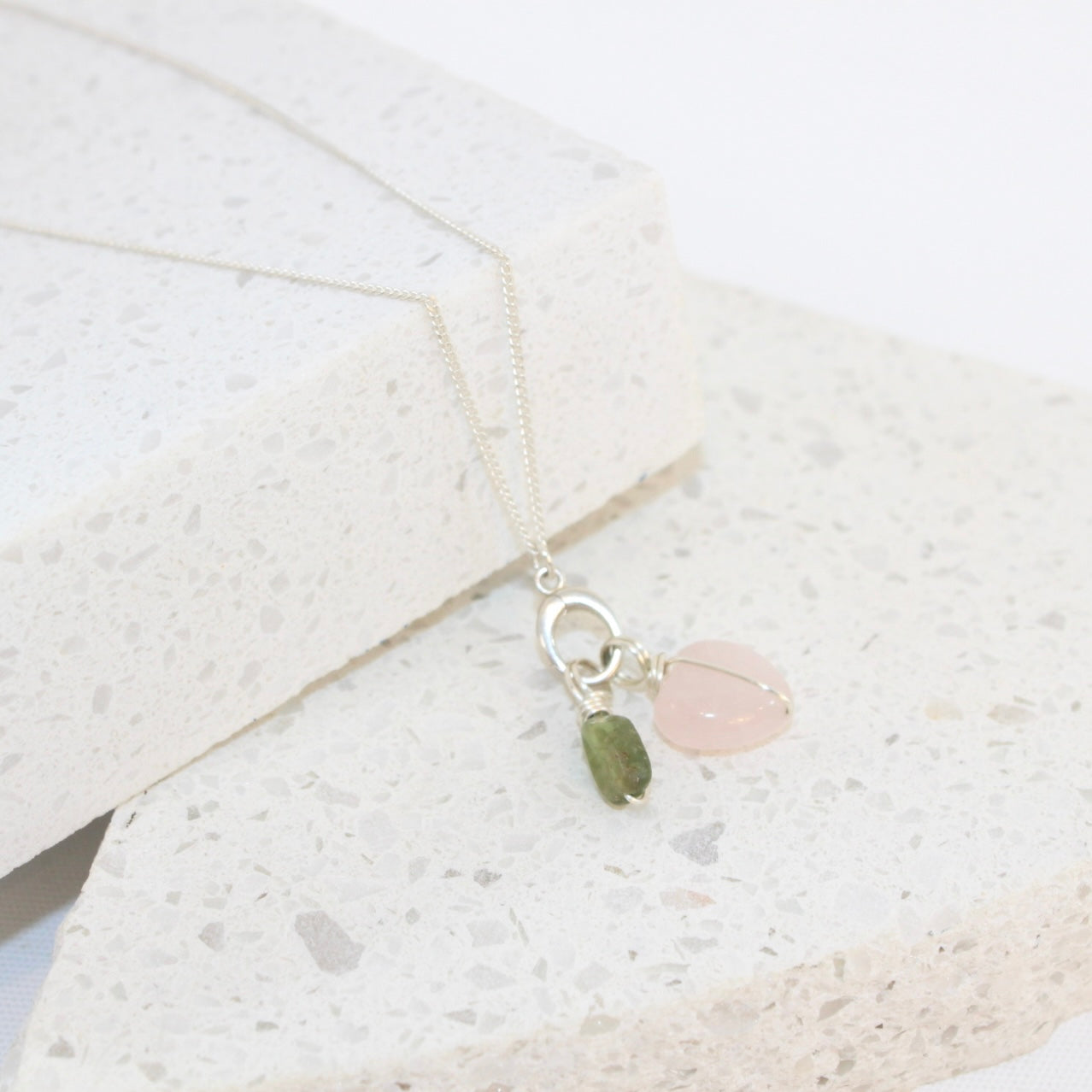 Rose Quartz Heart & Peridot Necklace | ASH & STONE Crystal jewellery. Free express shipping NZ