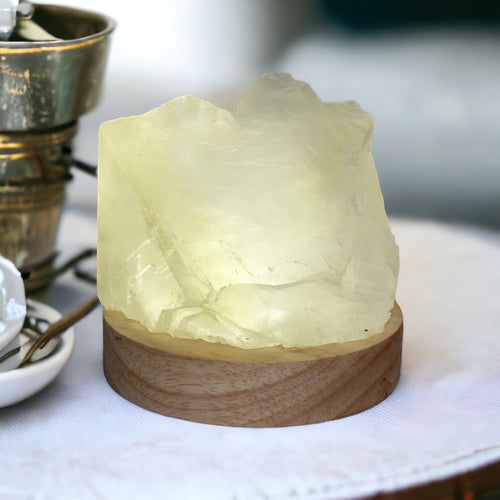 Honey calcite crystal lamp on LED wooden base | ASH&STONE Crystals Shop Auckland NZ