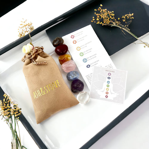 Crystal Chakra Packs NZ: Crystal chakra pack with ASH&STONE chakra cards, crystals & pouch