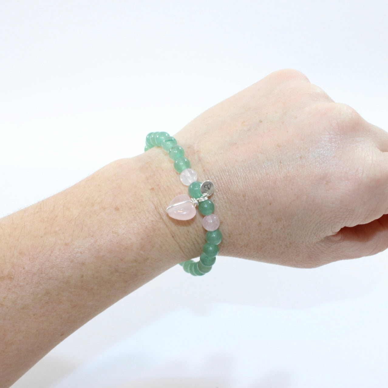 Aventurine Crystal bead w Rose Quartz Heart bracelet.  | ASH & STONE. NZ-made jewellery designs one of a kind. Auckland NZ. AfterPay available.