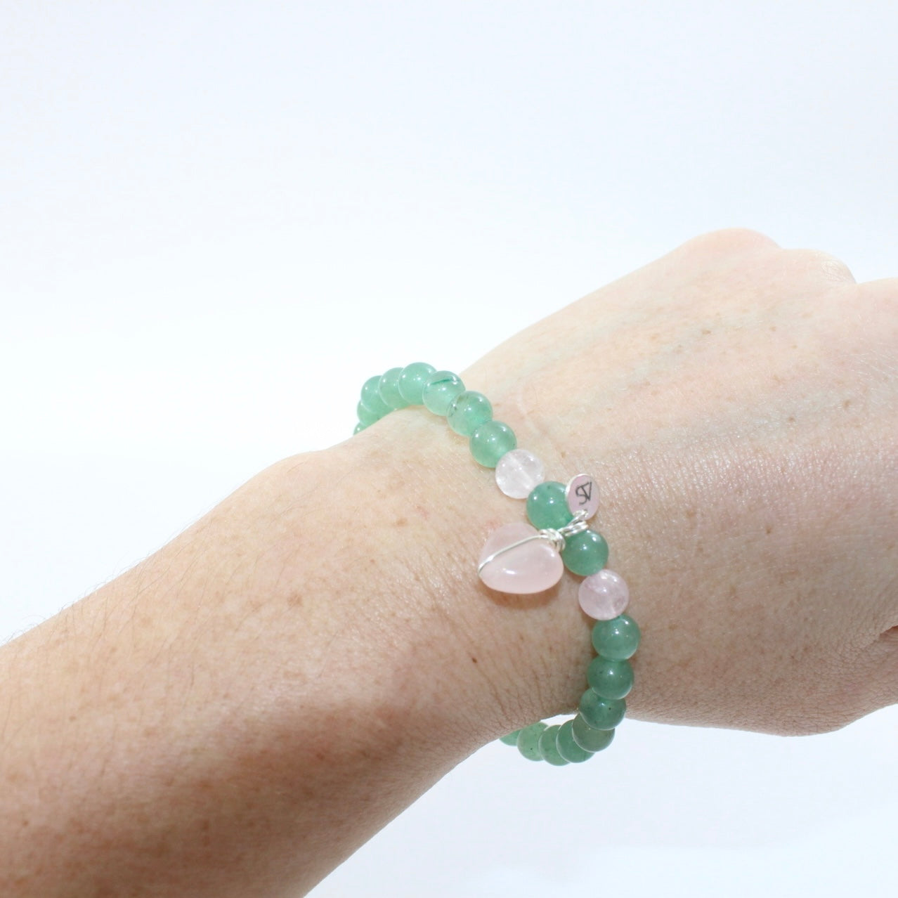 Aventurine Crystal bead w Rose Quartz Heart bracelet