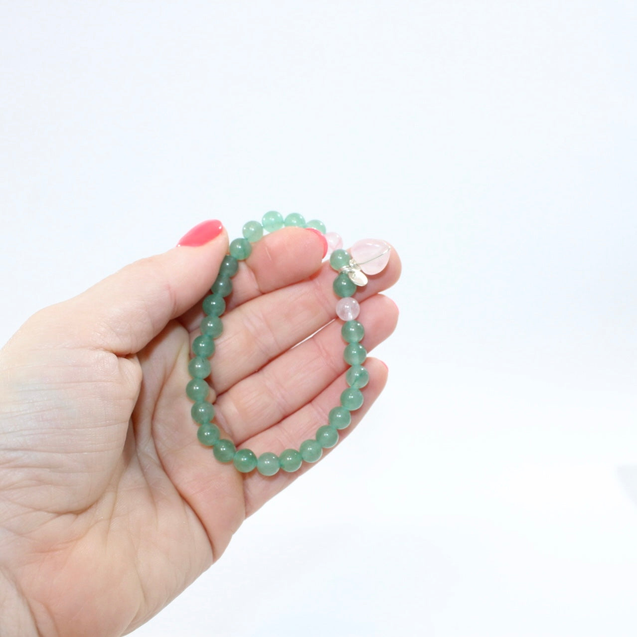Aventurine Crystal bead w Rose Quartz Heart bracelet.  | ASH & STONE. NZ-made jewellery designs one of a kind. Auckland NZ. AfterPay available.