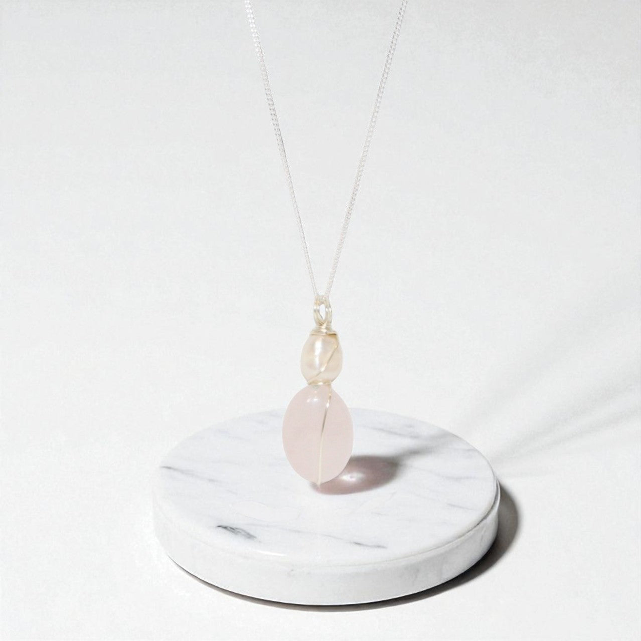 One of a kind, Rose Quartz & Freshwater Pearl crystal Silver Necklace, ASH & STONE |  FREE EXPRESS SHIPPING NZ WIDE.