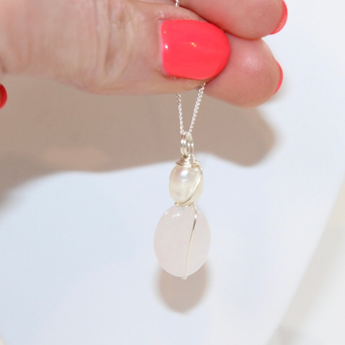 One of a kind, Rose Quartz & Freshwater Pearl crystal Silver Necklace, ASH & STONE |  FREE EXPRESS SHIPPING NZ WIDE.
