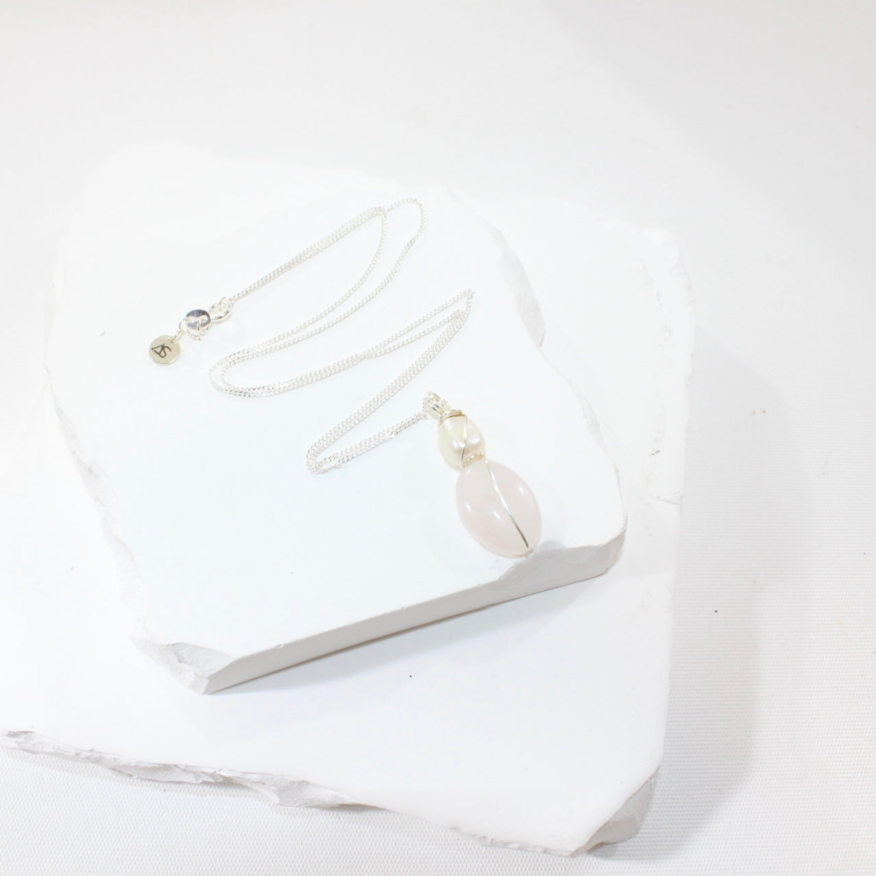 One of a kind, Rose Quartz & Freshwater Pearl crystal Silver Necklace, ASH & STONE |  FREE EXPRESS SHIPPING NZ WIDE.