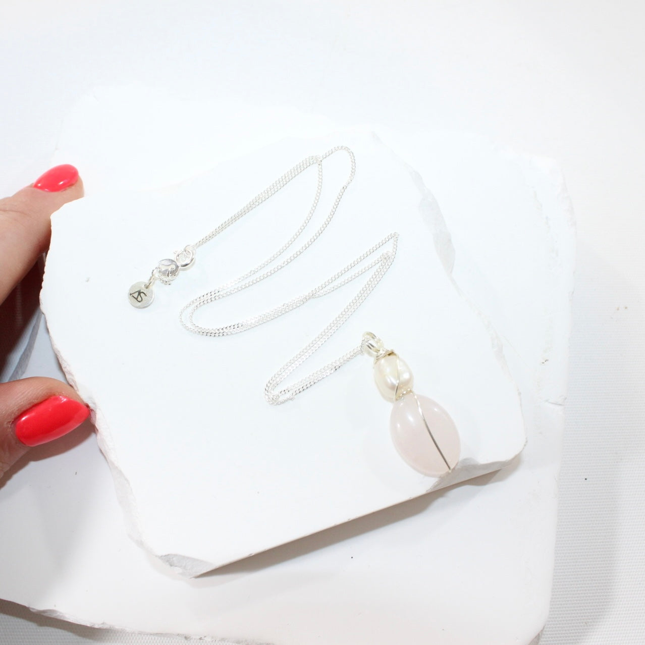 One of a kind, Rose Quartz & Freshwater Pearl crystal Silver Necklace, ASH & STONE |  FREE EXPRESS SHIPPING NZ WIDE.