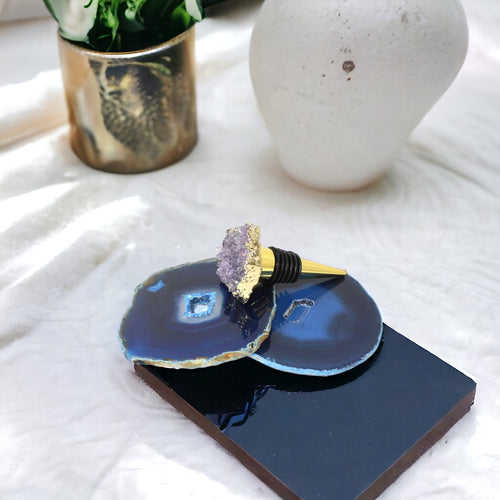 Blue agate crystal coaster set with amethyst wine stopper | ASH&STONE Crystals Shop Auckland NZ