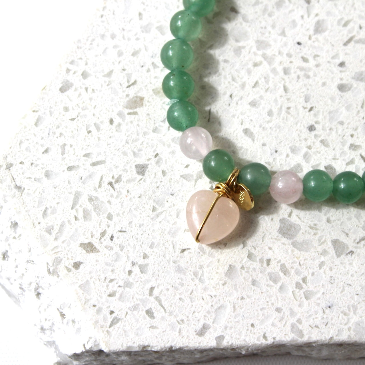 Aventurine Crystal bead w Rose Quartz Heart bracelet.  | ASH & STONE. NZ-made jewellery designs one of a kind. Auckland NZ. AfterPay available.