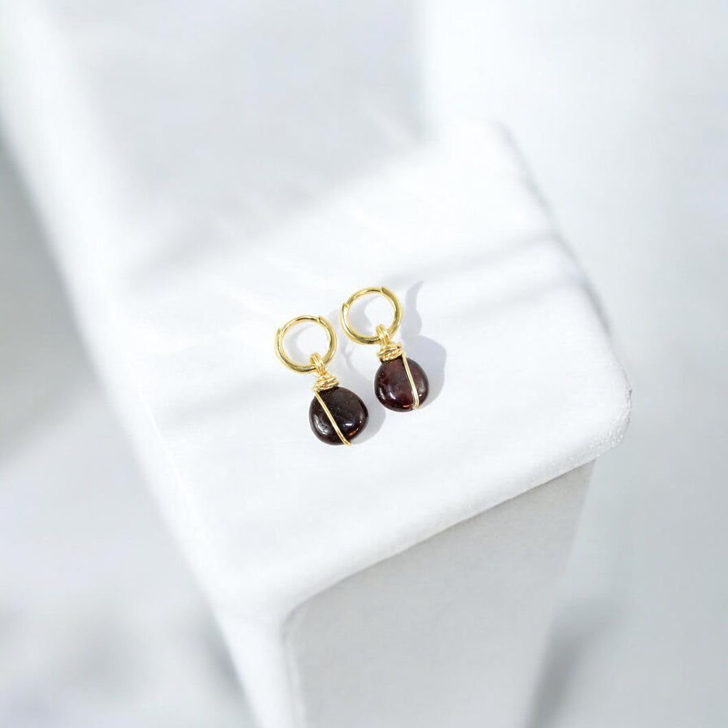 NZ-made almandine garnet crystal huggie earrings 24K gold-plated sterling silver | ASH&STONE Crystal Jewellery Shop Auckland NZ