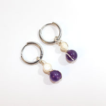 Load image into Gallery viewer, NZ-made amethyst crystal &amp; freshwater pearl huggie earrings  | ASH&amp;STONE Crystal Jewellery Shop Auckland NZ
