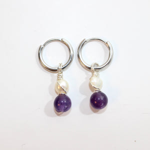 NZ-made amethyst crystal & freshwater pearl sterling silver earrings