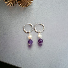 Load image into Gallery viewer, NZ-made amethyst crystal &amp; freshwater pearl huggie earrings  | ASH&amp;STONE Crystal Jewellery Shop Auckland NZ
