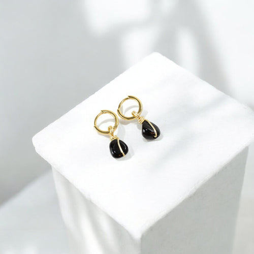 NZ-made black tourmaline crystal huggie earrings 24K gold-plated | ASH&STONE Crystal Jewellery Shop Auckland NZ sterling silver 