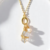 Bespoke NZ-made celesite crystal & freshwater pearl charm pendant necklace on 24K gold-plated sterling silver chain