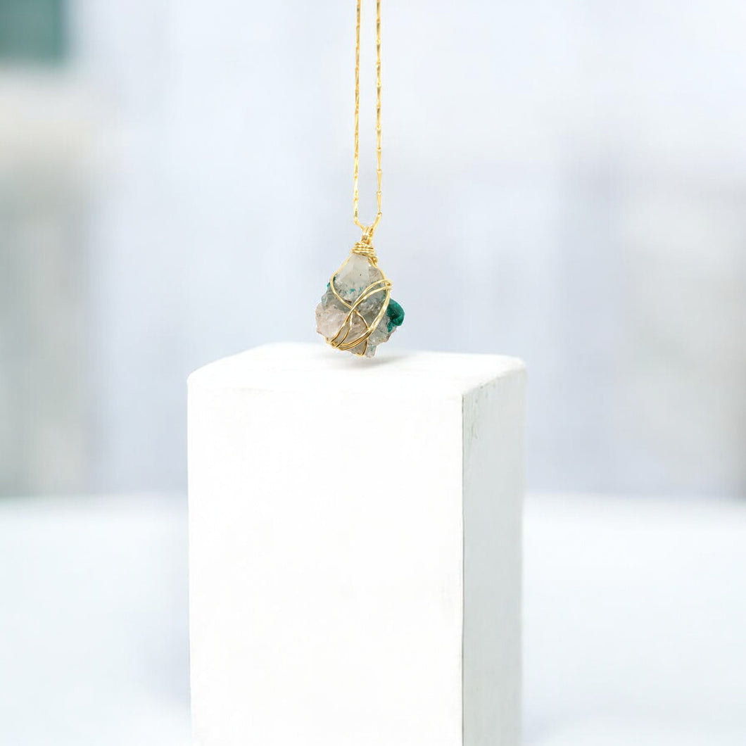 Dioptase with clear quartz crystal specimen pendant (rare) 24K gold-plated sterling silver chain | ASH&STONE Crystal Jewellery Shop Auckland NZ