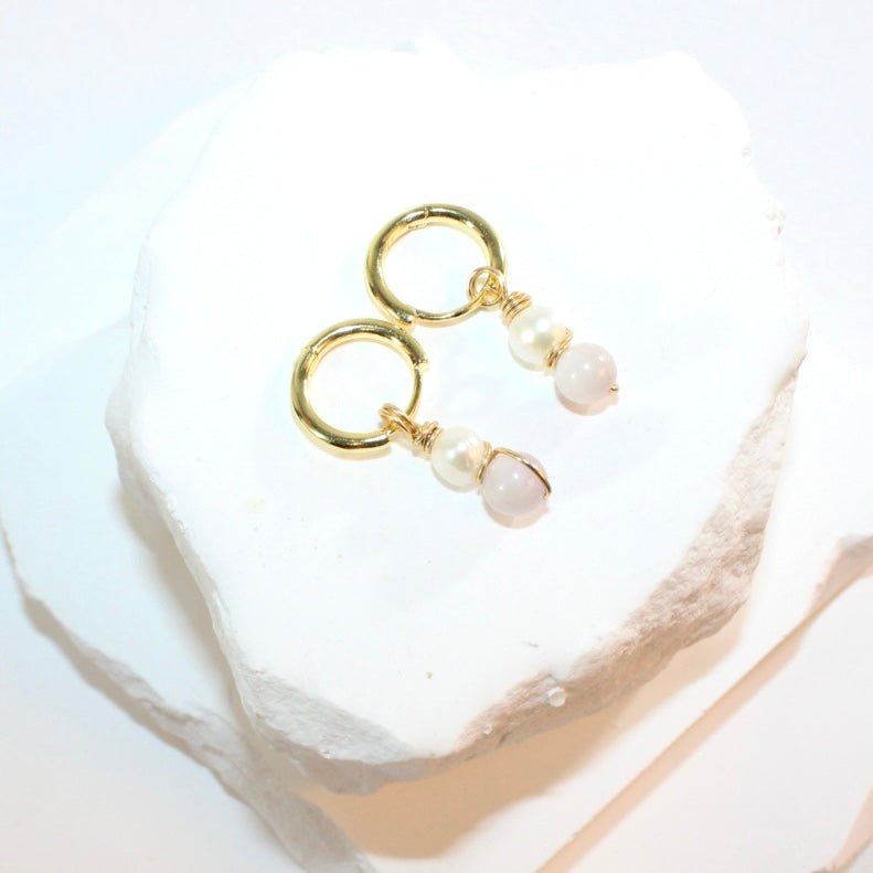 Natural pink kunzite crystal & freshwater pearl earrings