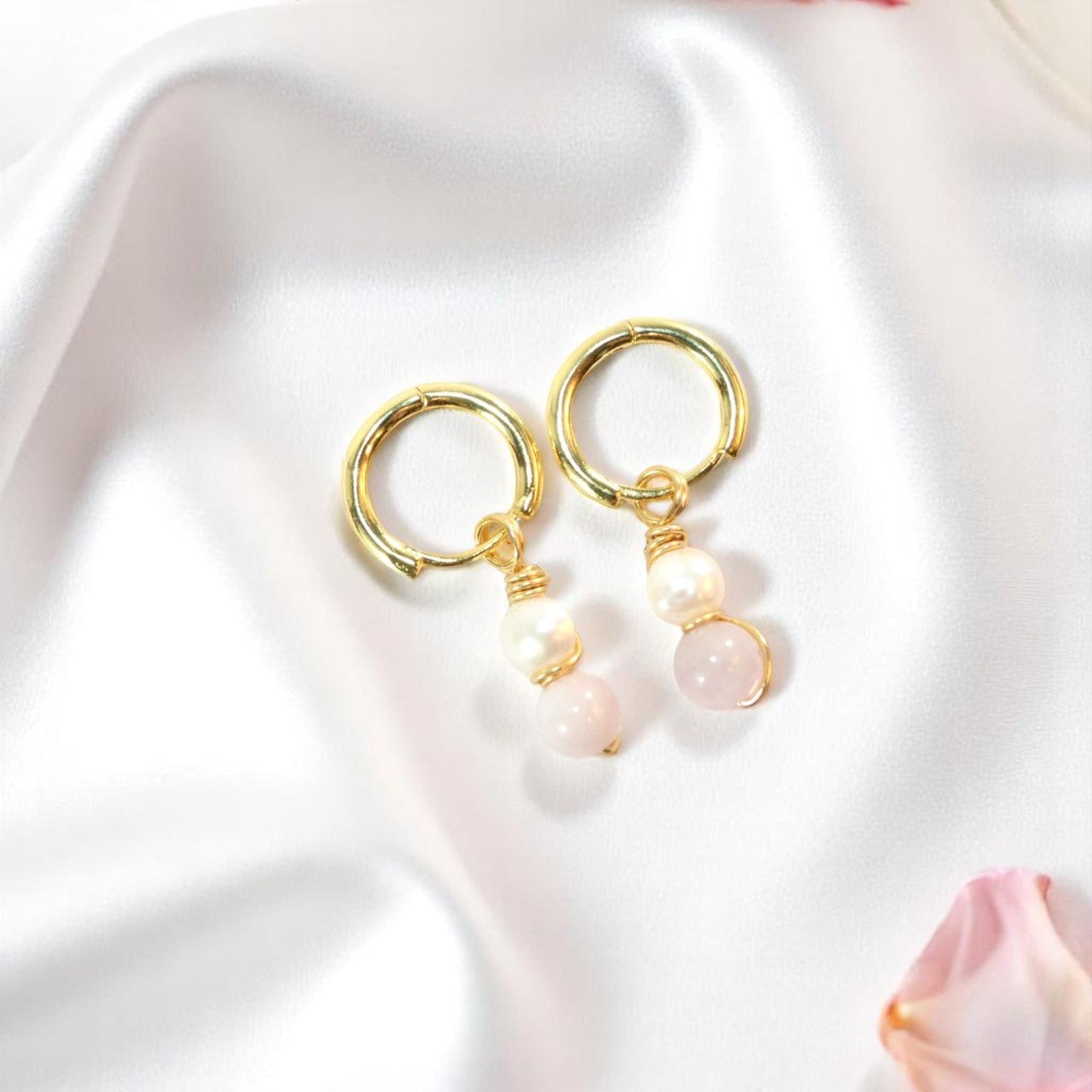 Natural pink kunzite crystal & freshwater pearl earrings
