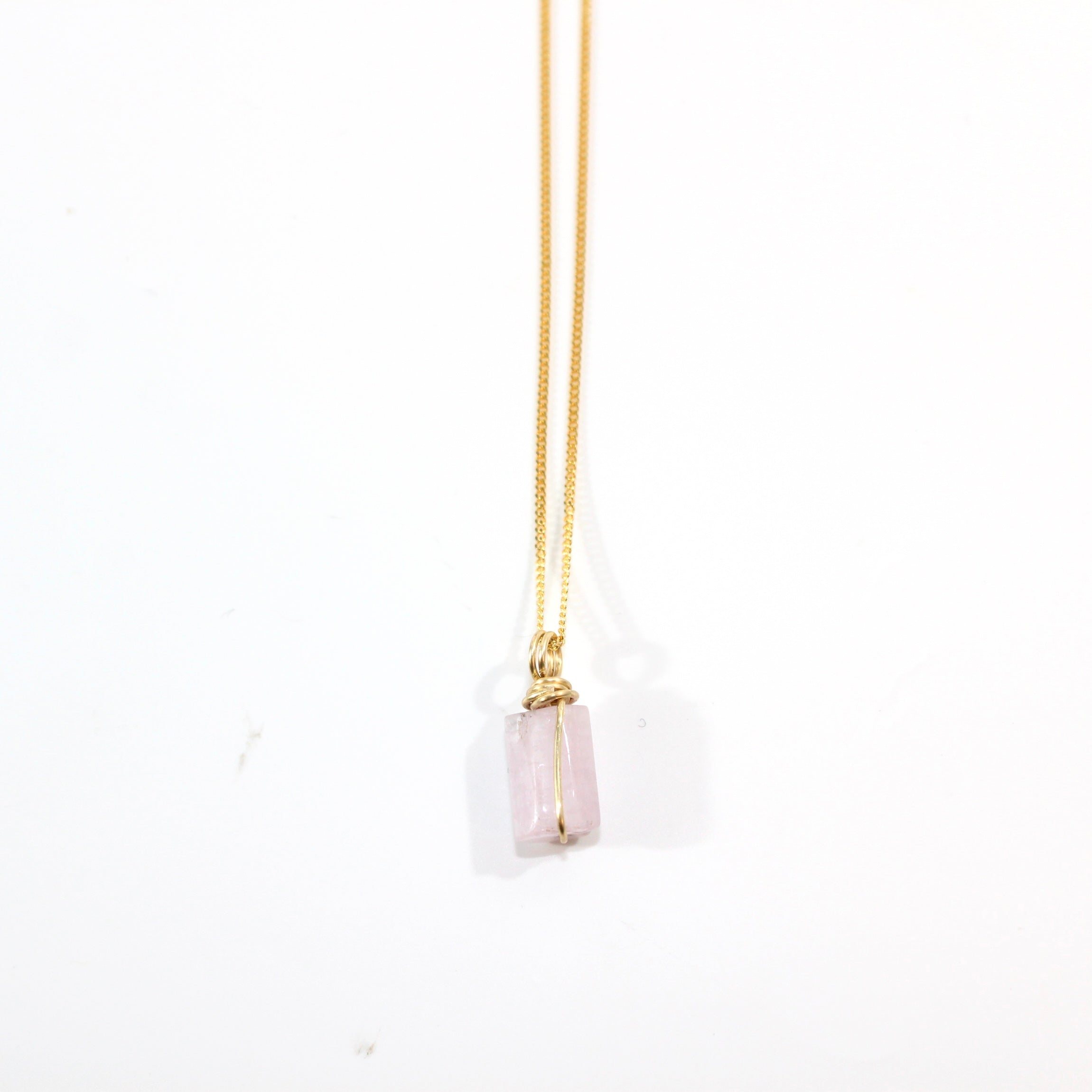 NZ-made natural pink kunzite crystal pendant: 24K gold-plated sterling silver chain | ASH&STONE Crystal Jewellery Shop Auckland NZ