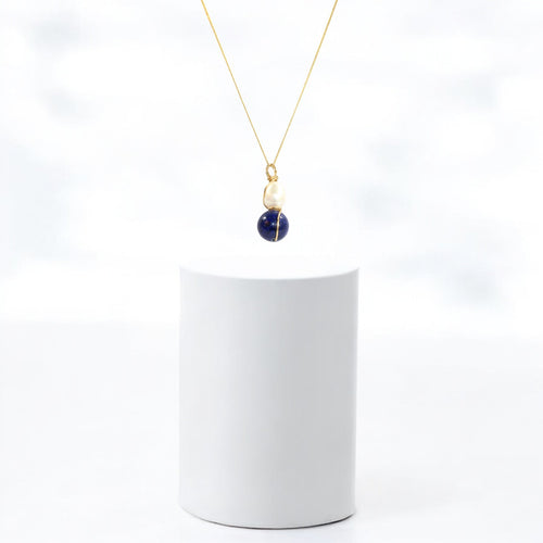 NZ-made lapis lazuli crystal & freshwater pearl pendant with 16