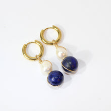 Load image into Gallery viewer, NZ-made lapis lazuli crystal &amp; freshwater pearl huggie earrings | ASH&amp;STONE Crystals Shop Auckland NZ
