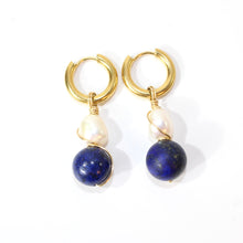 Load image into Gallery viewer, NZ-made lapis lazuli crystal &amp; freshwater pearl huggie earrings | ASH&amp;STONE Crystals Shop Auckland NZ
