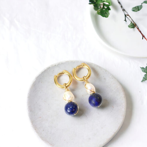 NZ-made lapis lazuli crystal & freshwater pearl huggie earrings | ASH&STONE Crystals Shop Auckland NZ