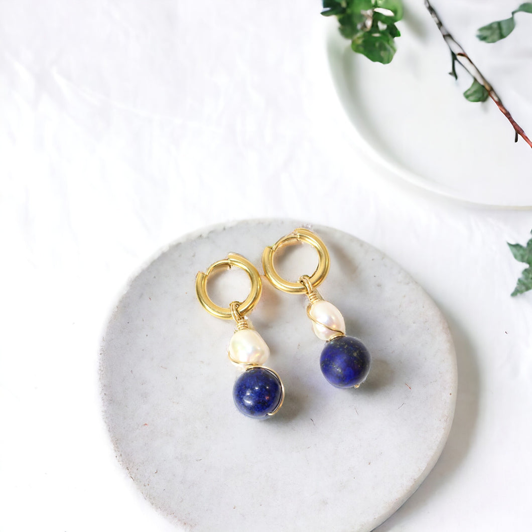 NZ-made lapis lazuli crystal & freshwater pearl huggie earrings | ASH&STONE Crystals Shop Auckland NZ