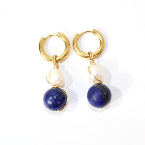 NZ-made lapis lazuli crystal & freshwater pearl huggie earrings | ASH&STONE Crystals Shop Auckland NZ