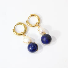 Load image into Gallery viewer, NZ-made lapis lazuli crystal &amp; freshwater pearl huggie earrings | ASH&amp;STONE Crystals Shop Auckland NZ
