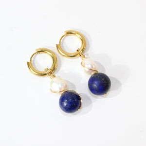 NZ-made lapis lazuli crystal & freshwater pearl huggie earrings | ASH&STONE Crystals Shop Auckland NZ