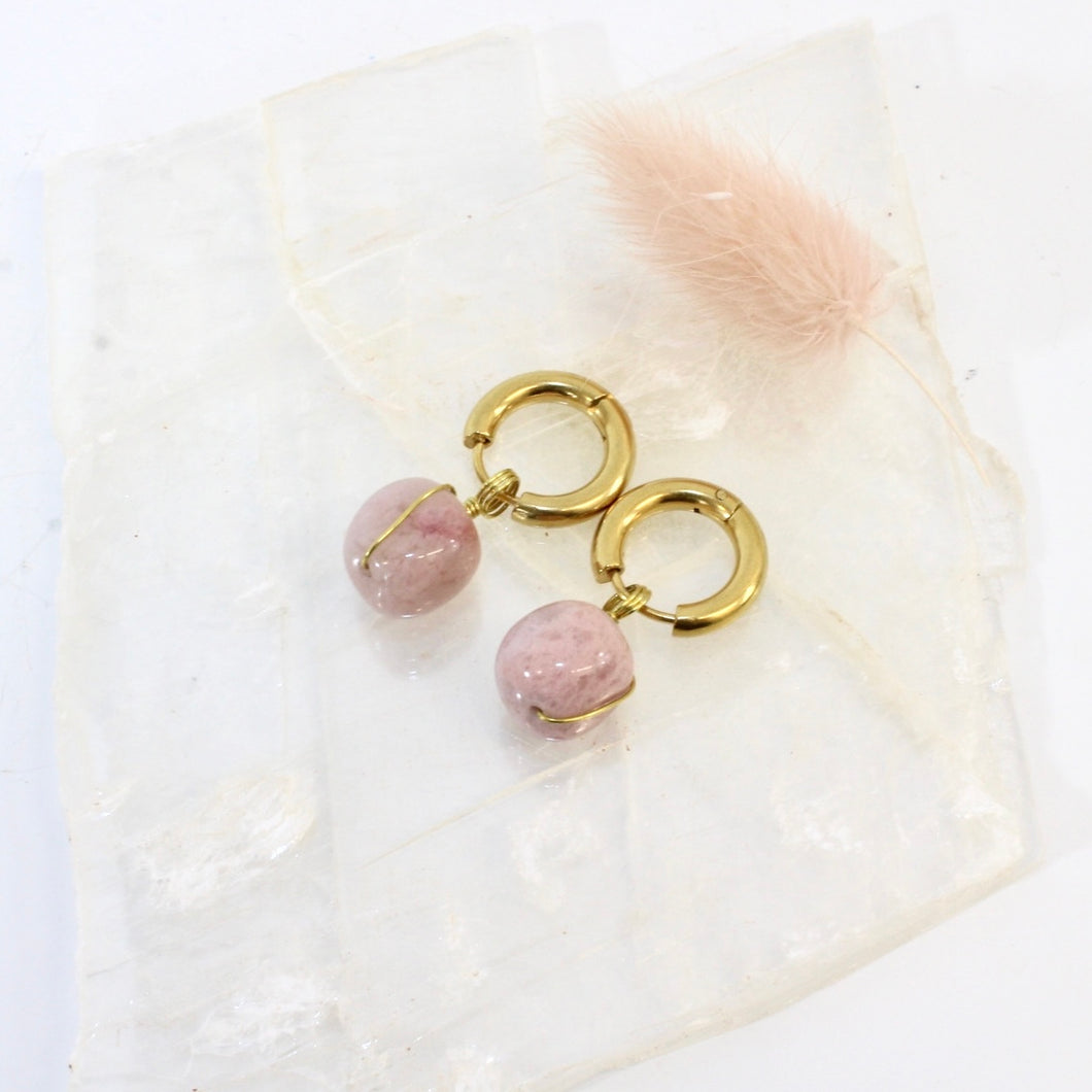 NZ-made bespoke rhodonite crystal huggy earrings | ASH&STONE Crystal Jewellery Shop Auckland NZ