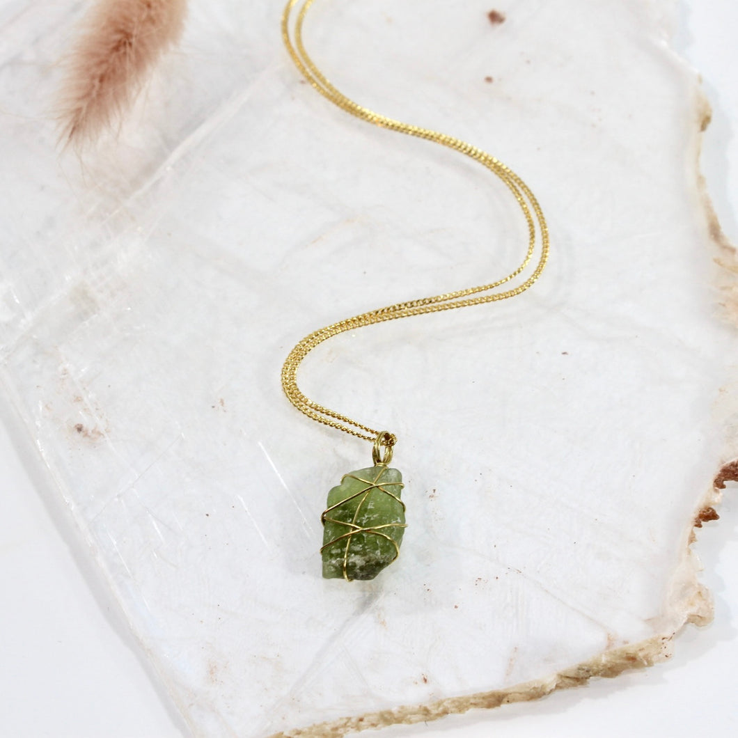 Bespoke NZ-made peridot crystal pendant with 16