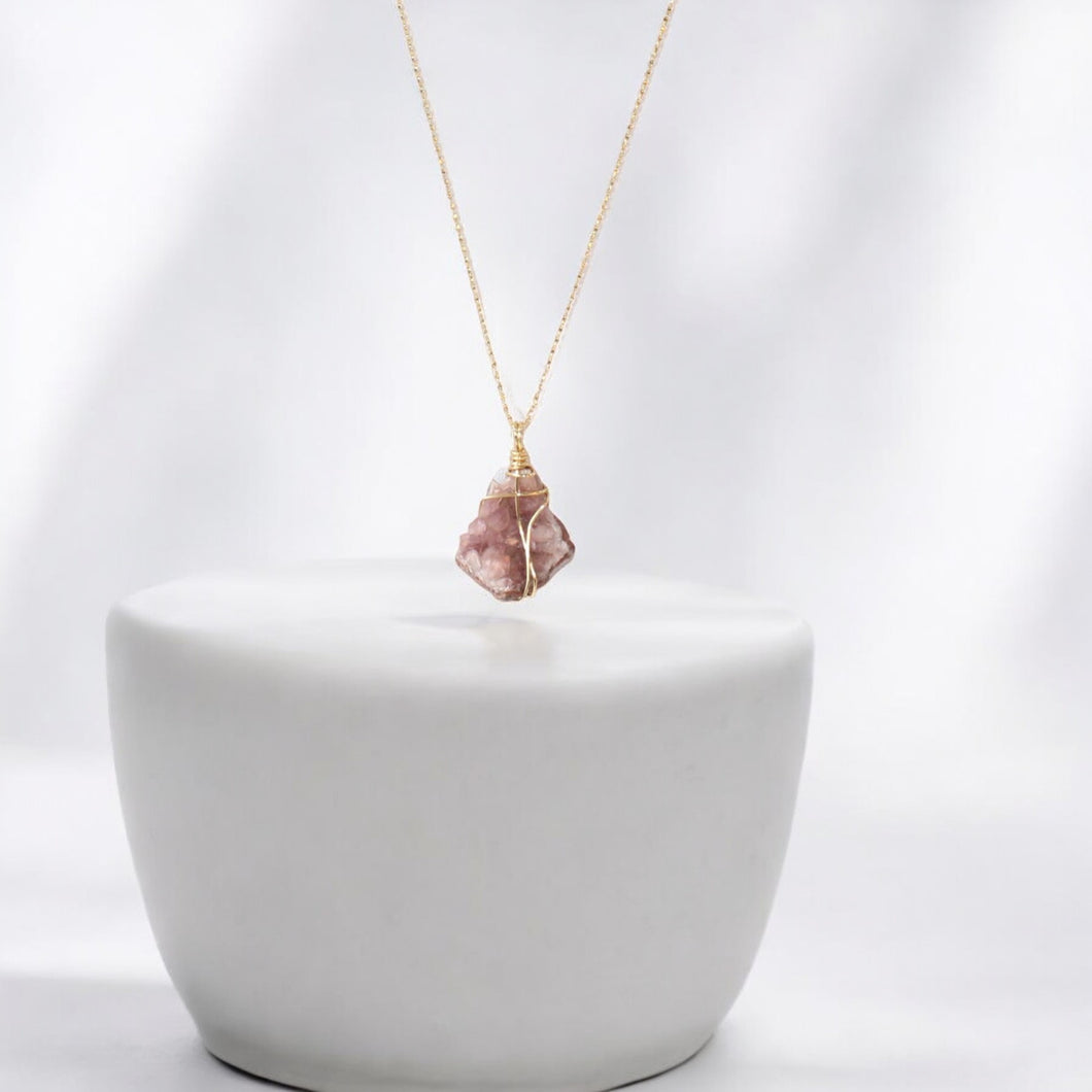 NZ-made bespoke pink amethyst crystal pendant with 18