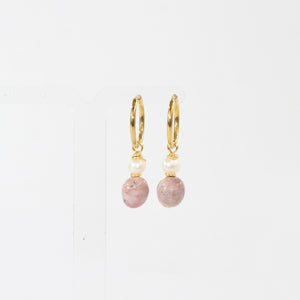 NZ-made rhodonite & freshwater pearl crystal huggie earrings | ASH&STONE Crystal Jewellery Shop Auckland NZ