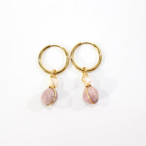 NZ-made rhodonite & freshwater pearl crystal huggie earrings | ASH&STONE Crystal Jewellery Shop Auckland NZ