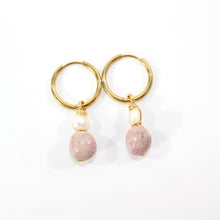 Load image into Gallery viewer, NZ-made rhodonite &amp; freshwater pearl crystal huggie earrings | ASH&amp;STONE Crystal Jewellery Shop Auckland NZ
