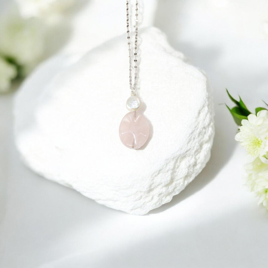 NZ-made rose quartz & mother of pearl crystal pendant sterling silver chain | ASH&STONE Crystal Jewellery Shop Auckland NZ