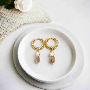 NZ-made bespoke rutilated crystal quartz & freshwater pearl huggie earrings  | ASH&STONE Crystal Jewellery Shop Auckland NZ